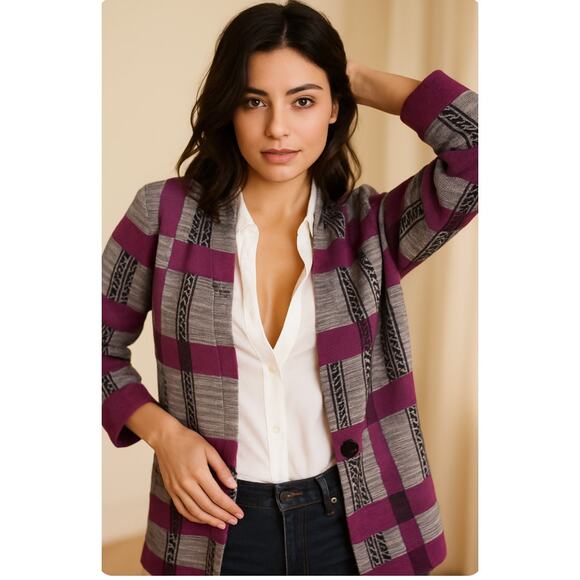 Ming Wang Women's Stretch Acrylic Polyester Sweater Cardigan Plaid Sz XL - Picture 3 of 7